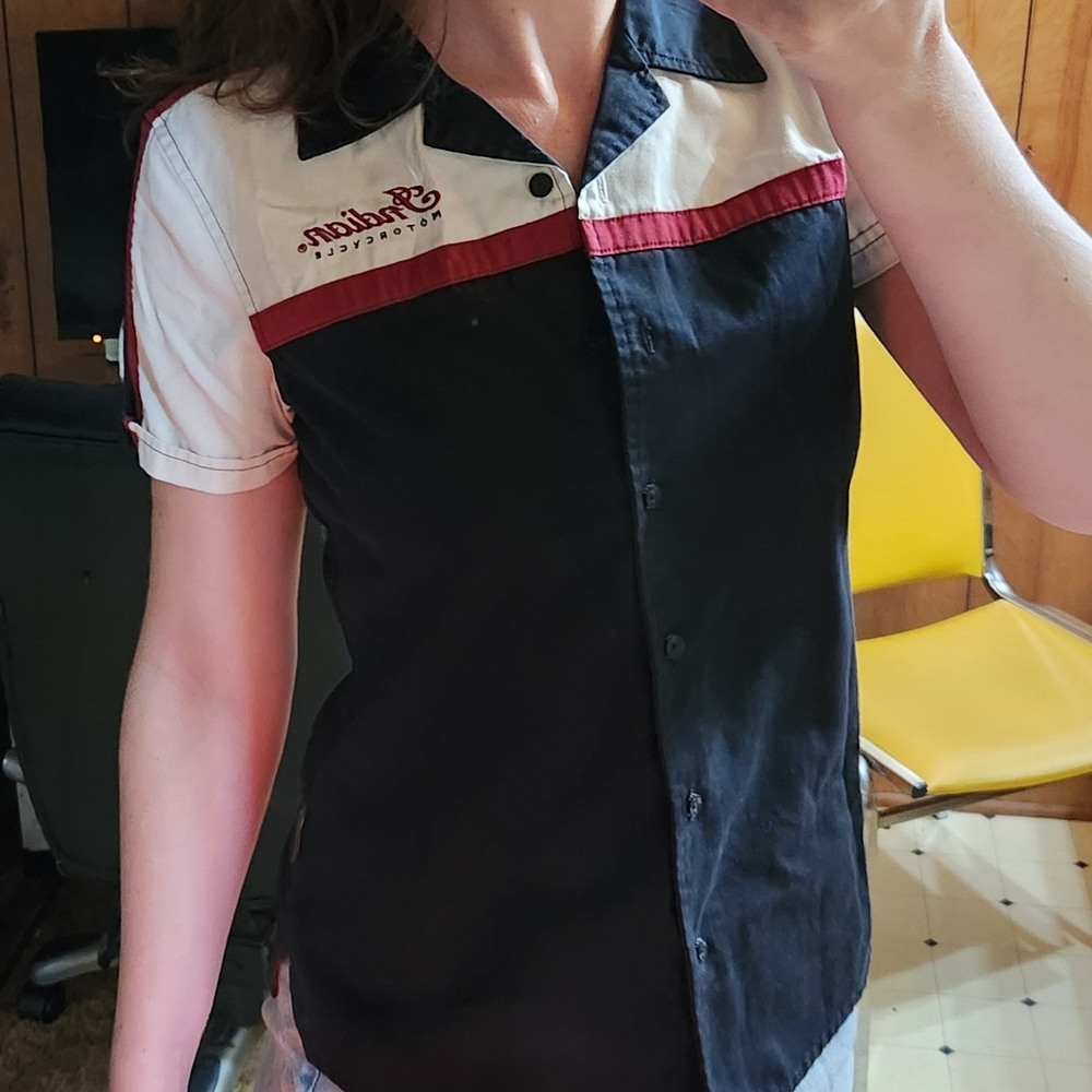 Black and White Button-Up Shirt with Red Accents